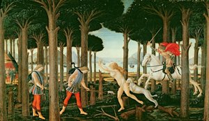 Wizja Nastagio o upiornym pogoni w lesie: scena I z historii Nastagio degli Onesti, c.1483 (tempera na panelu) autorstwa Sandro (and workshop) Botticelli