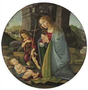 Madonna adorująca Dzieciątko z młodym świętym Janem Chrzcicielem (tempera i olej na panelu) autorstwa Sandro (and workshop) Botticelli