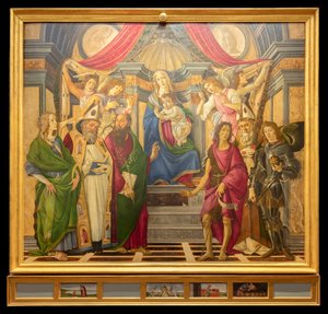 Ołtarz, panel główny: Madonna na tronie, cztery anioły i święci autorstwa Sandro Botticelli