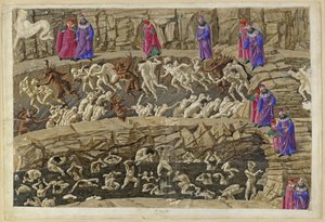 „Boska komedia”, „Piekło”, XVIII. Wergiliusz i Dante w ósmym kręgu piekła (Malebolge), 1. i 2. bolgia: kara dla swatów i uwodzicieli, pochlebców i nierządnic autorstwa Sandro Botticelli