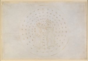 „Boska komedia”, „Raj”, VII. Druga sfera planetarna (niebo Merkurego): Beatrice wprowadza Dantego w zawiłe kwestie boskiej sprawiedliwości, a także ludzkiej winy pierworodnej i zbawienia poprzez śmierć Chrystusa autorstwa Sandro Botticelli