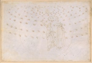 „Boska komedia”, „Raj”, XXIII. Ósma sfera (niebo gwiazd stałych): wizja triumfu Chrystusa; Dante widzi Beatrycze w jej prawdziwej postaci; taniec Maryi i dwunastu apostołów autorstwa Sandro Botticelli