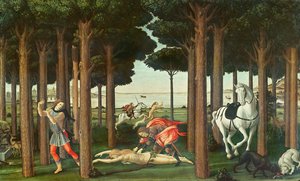 Wypatroszenie ściganej kobiety: scena II z Historii Nastagio degli Onesti, c.1483 (tempera na panelu)