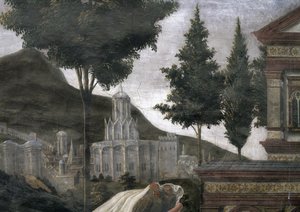 Oczyszczenie trędowatego i kuszenie Chrystusa, w Kaplicy Sykstyńskiej: detal wyimaginowanego miasta w krajobrazie, fresk z 1481 r. autorstwa Sandro Botticelli