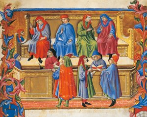 Miniatura Trybunału Handlowego ze Statutów kupców autorstwa Sano di Pietro (1472), Włochy XV wiek.