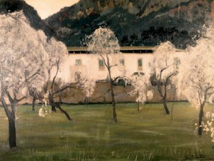 Krajobraz z kwiatami na drzewach. Obraz Santiago Rusinol y (i) Prats (1861-1931). olej na płótnie Barcelona. Narodowe Muzeum Sztuki Katalonii. autorstwa Santiago Rusinol i Prats