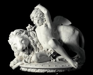 Love Mastering the Force Marble Sculpture autorstwa Santo Varni (1807-1885) 1865. Wym. 85x90x62 cm Z kolekcji księcia Odona di savoia. Geny, Galleria d