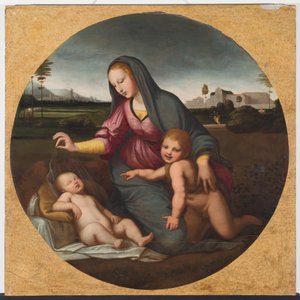 Madonna z Dzieciątkiem i młodym św. Janem, ok. 1500 r. (olej na drewnie) autorstwa Sanzio of Urbino (follower of) Raphael