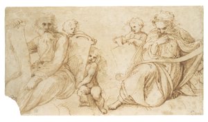Dwóch proroków ze zwojami siedzących z puttami trzymającymi tablice autorstwa Sanzio of Urbino Raphael