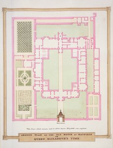 Plan parteru starego domu w Hatfield w czasach królowej Elżbiety z „Pamiętników dworu królowej Elżbiety”, opublikowanych w 1825 r. (Wc i gwasz na papierze) autorstwa Sarah Countess of Essex