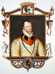 Portret Ambrose Dudley (ok.1528-d.1590) 1. hrabia Warwick ze „Wspomnień dworu królowej Elżbiety”, opublikowanych w 1825 r. (akwarela i gwasz na papierze) autorstwa Sarah Countess of Essex