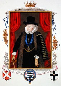 Portret sir Thomasa Cecila (1542-1623) 1. hrabiego Exeter, 2. lorda Burghleya ze „Wspomnień dworu królowej Elżbiety”, opublikowanych w 1825 r. (akwarela i gwasz na papierze) autorstwa Sarah Countess of Essex