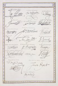 Reprodukcja podpisów Tudorów i ich dworu z "Memoirs of the Court of Queen Elizabeth", wydanej w 1825 roku (pióro i tusz na papierze) autorstwa Sarah Countess of Essex