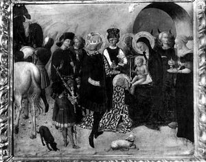 Pokłon Trzech Króli (tempera na panelu) (zdjęcie czarno-białe)
