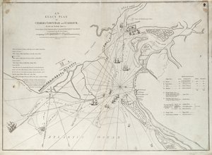 Dokładny plan baru i portu w Charles Town, pochodzący z rzeczywistych badań przeprowadzonych podczas ataku na Fort Sullivan, 28 czerwca 1776 r., przez eskadrę Jego Królewskiej Mości dowodzoną przez Sir Petera Parkera.