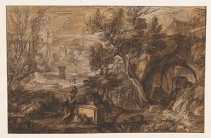 Krajobraz z pasterzem przy zabytkowym sarkofagu autorstwa Sébastien Bourdon (attributed to)