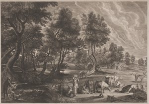 Krajobraz farmy z myśliwymi i dojarkami autorstwa Schelte Adams Bolswert, after Sir Peter Paul Rubens