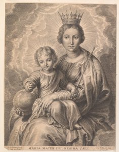 Maryja z dzieckiem i kulą ziemską Maria mater dei, regina caeli (tytuł na obiekcie)