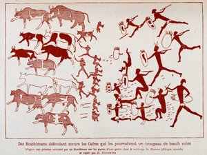 Boschimanowie bronią stada wołów much przed kasetonami, po obrazie wykonanym przez boschimana na ścianach jaskini w pobliżu Hermonu (RPA)