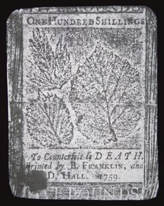 Banknot o wartości 100 szylingów zaprojektowany i wydrukowany przez Benjamina Franklina w 1759 roku (lito) autorstwa School American