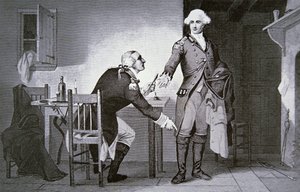 Amerykański zdrajca: Generał Benedict Arnold instruuje Andre, aby ukrył dokumenty w cholewce buta (litos)