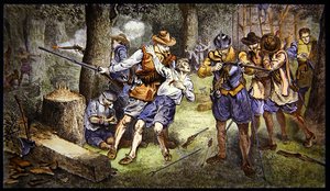 Obrona osady niemowląt przed atakiem Indian w kolonii Jamestown w Wirginii w 1607 r. (kolor lito) autorstwa School American