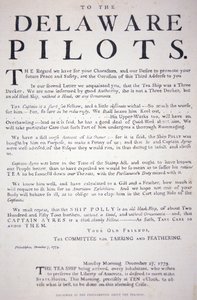 Faksymile proklamacji od patriotów z Filadelfii do pilotów z Delaware, ostrzegającej ich, by nie zajmowali się brytyjskim sklepem z herbatą, 7 grudnia 1773 r. (lito) autorstwa School American