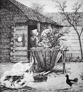 Scena na farmie - kobieta przy kadzi do prania, wg ilustracji J.S. Hodgsona (litografia) autorstwa School American