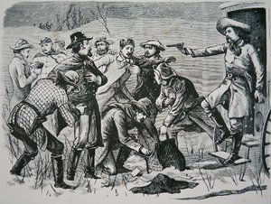 Czterech bandytów obezwładnia i plądruje dwóch oficerów i siedmiu żołnierzy w pobliżu Bismarck na terytorium Dakoty, z „New York Illustrated Times” autorstwa School American