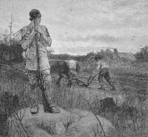 Ochrona farmy przed atakiem Indian, według ilustracji Howarda Pyle