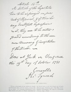 List kapitulacji Yorktown, podpisany przez Lorda Cornwallisa autorstwa School American