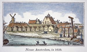 Nowy Amsterdam (później Nowy Jork) na Manhattanie, widok opublikowany w 1659 (kolor lito)