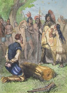 Pocahontas ratuje życie Johna Smitha (kolorowy grawer)