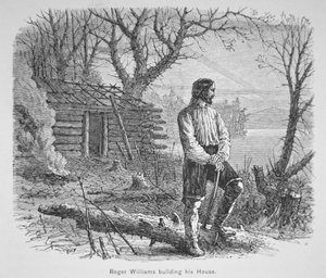 Roger Williams buduje domek na rzece Seekonk (lito) autorstwa School American