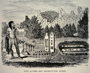Zuni Tribesman dmuchający pyłkiem nad kapliczką Pueblo (rycina) autorstwa School American