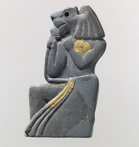 Fragment tablicy: klęcząca postać z głową lwa, ok. XVIII w. p.n.e. (Kość słoniowa (hipopotam), złota folia) autorstwa School Anatolian