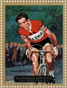 Pieczęć ZEA przedstawiająca rowerzystę Federico Bahamontes (Ne 1928).