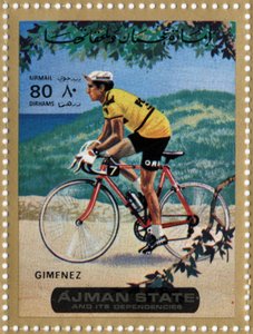 Pieczęć ZEA przedstawiająca rowerzystę Julio Jimeneza (Ne 1934)