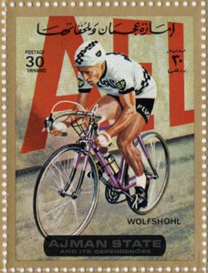 Pieczęć ZEA przedstawiająca rowerzystę Rolfa Wolfshohla (Ne 1938).