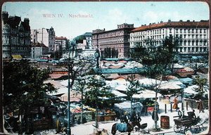 Pocztówka przedstawiająca Naschmarkt (Targ Spożywczy) w Wiedniu, ok. 1915 (kolor lito)