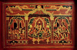 Fragment skrzyni rękopisu z Myanmaru (lakierowane drewno) autorstwa School Burmese