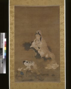 Awalokiteśwara (Guanyin) On Lotus (atrament i kolor na jedwabiu) autorstwa School Chinese