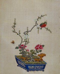 Sztuka chińska: kwiaty i ptaki (bonzai). Malarstwo na jedwabiu z XVIII wieku. Paryż, B.N. autorstwa School Chinese