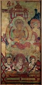 Sztuka chińska: grupa bodhisatwów (lub bodhisatwów). malowanie na jedwabiu. Dynastia Touen Houang z X wieku, Musee des Arts Asians de Guimet, Paryż. autorstwa School Chinese