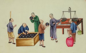 Chińscy dilerzy testujący i ważący opium, z „The Evils of Opium Smoking” autorstwa School Chinese