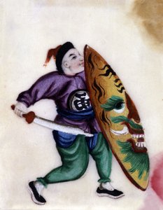 Chiński żołnierz z mieczem i tarczą. autorstwa School Chinese
