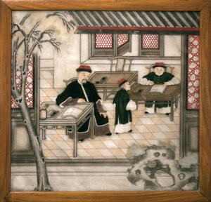 Dekoracyjna marmurowa płyta przedstawiająca litery w ich szafce. Malowany marmur, dynastia Qing (1644-1911), sztuka chińska. Musee d