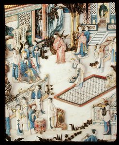 Fragment panelu przedstawiający dygnitarza obserwującego tancerkę, okres Qianlong autorstwa School Chinese