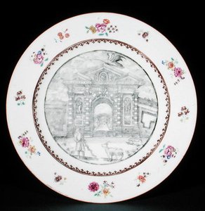 Talerz obiadowy zdobiony en grisaille emaliami Rose Famille z przedstawieniem Jakuba Bobarta (1599-1680) z kozą i psem, okres Qianlong (1736-95) (porcelana) autorstwa School Chinese