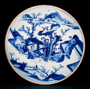 Naczynie pomalowane na niebiesko pod glazurą z postaciami dam, Okres przejściowy, ok. 1640 (porcelana) autorstwa School Chinese